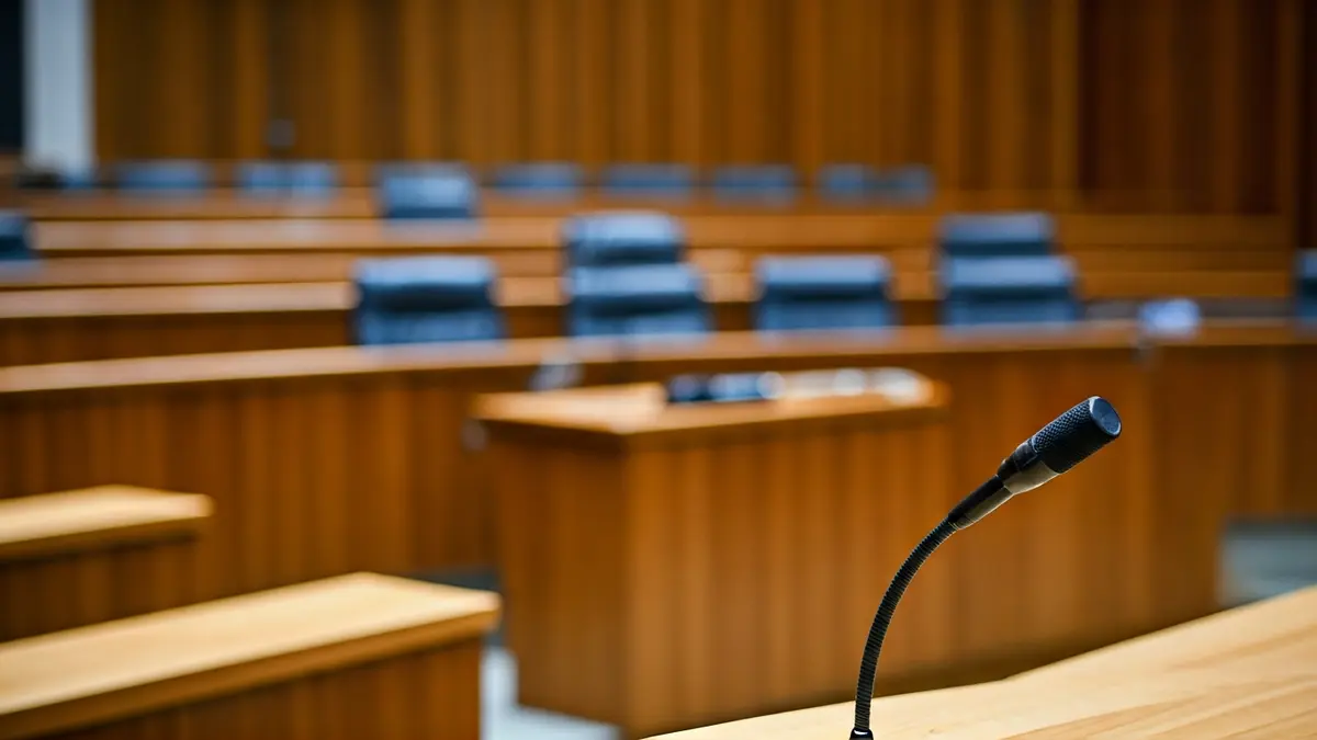 Generic image of a microphone on a podium in a council chamber, symbolizing a political debate.