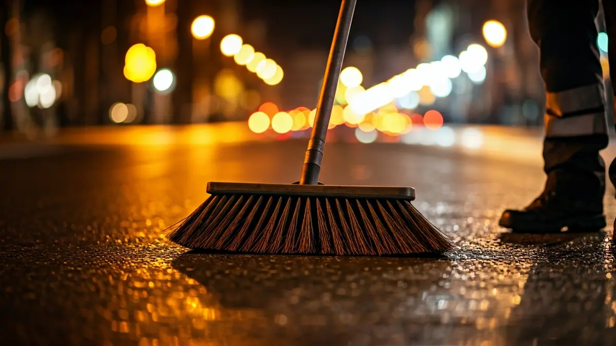 Generic image of a street being cleaned at night, with blurred lights in the background.