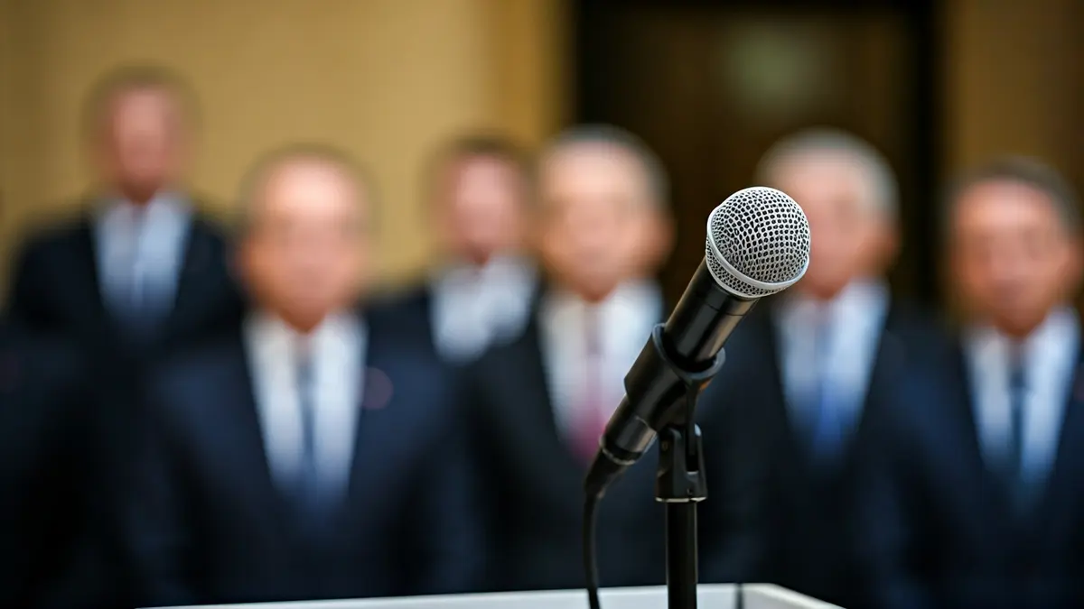 Generic image of a microphone on a podium, symbolizing a public reappearance.