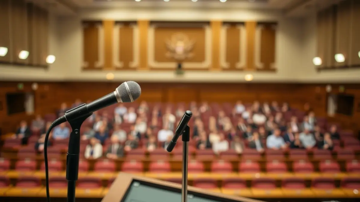 Generic image of a microphone on a podium in a municipal plenary hall.