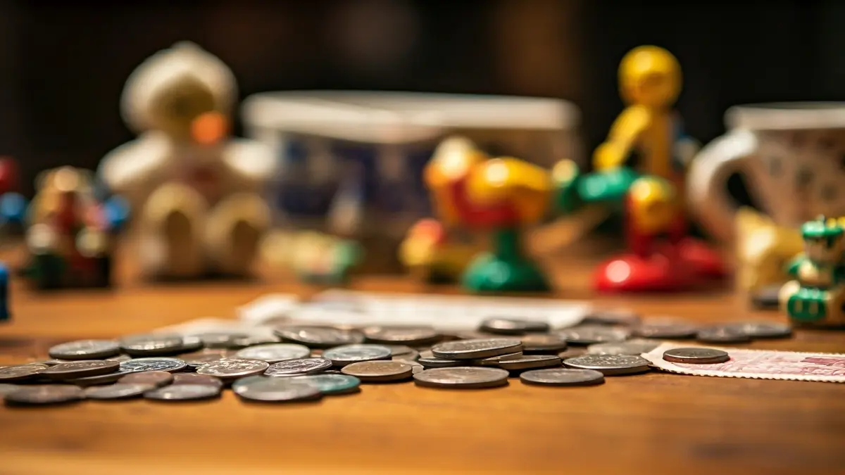 Imatge genèrica d'objectes de col·leccionisme com monedes i segells, amb joguets antics desenfocats al fons.