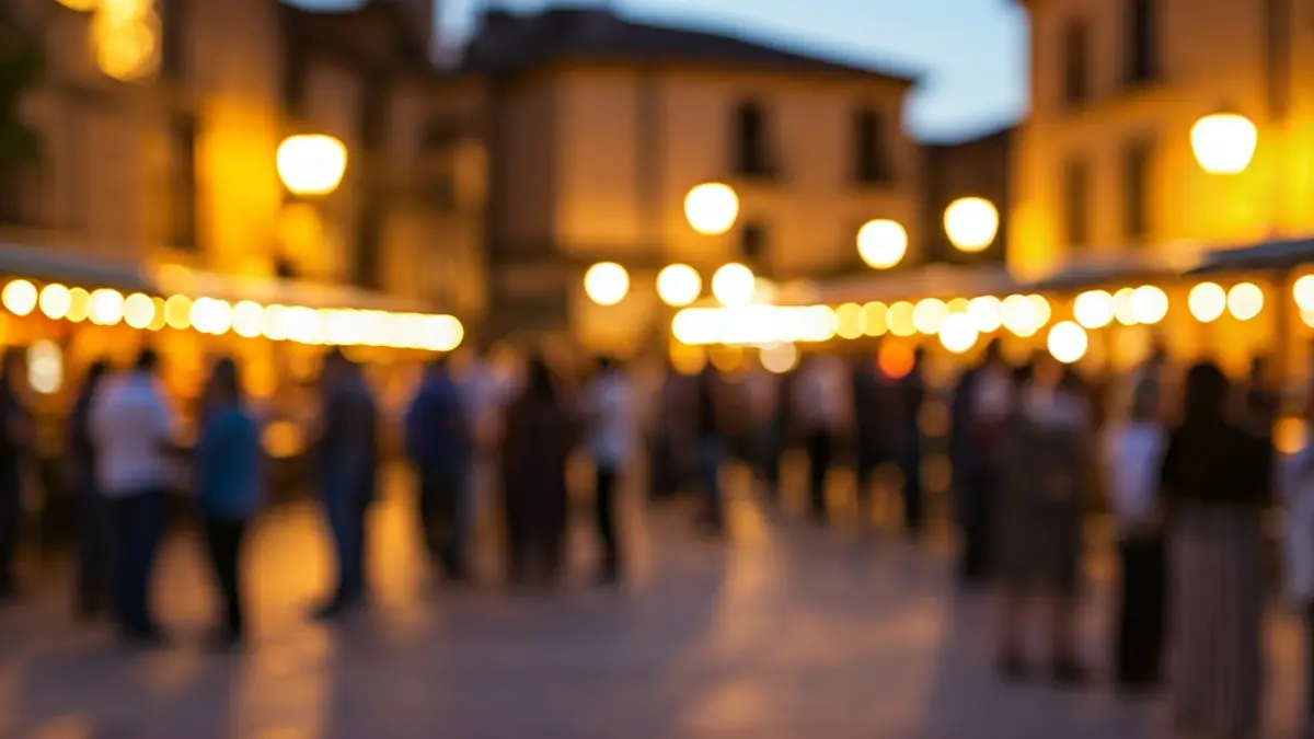 Image of a gastronomic market in a town square with a festive atmosphere.