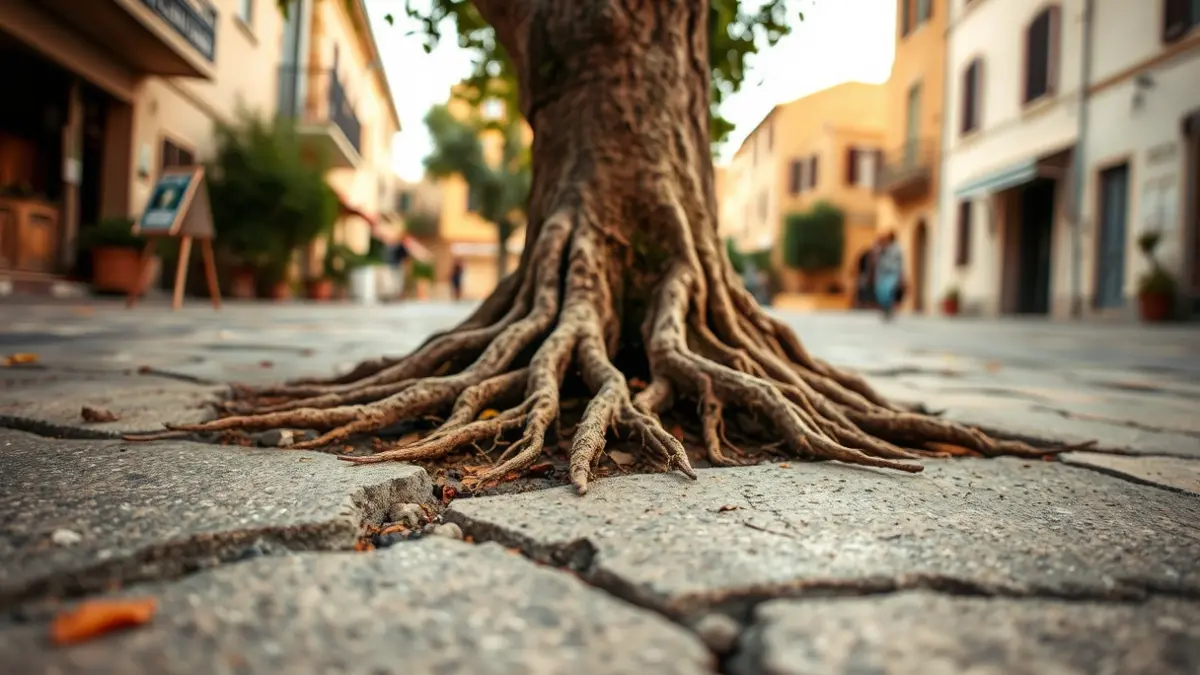 Imatge d'una vorera deteriorada per les arrels dels arbres en una localitat mediterrània.
