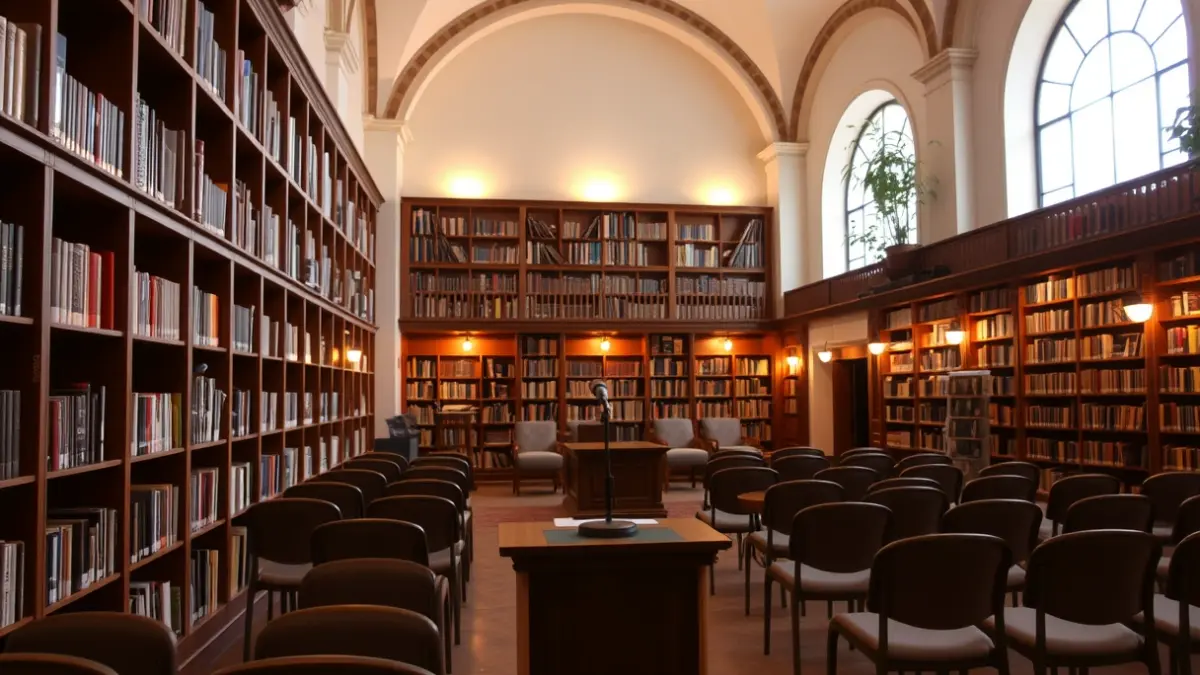 Imatge genèrica d'una biblioteca amb prestatgeries de fusta i un podi amb micròfon.