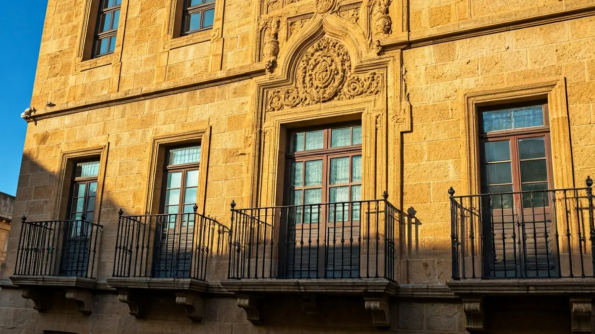 Facade of L'Alcora town hall with balcony and iron railings, bathed in afternoon sunlight.