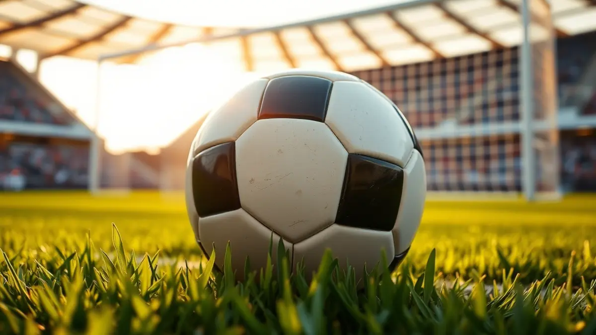 Imatge genèrica d'una pilota de futbol en la gespa d'un camp, amb la porteria desenfocada al fons.