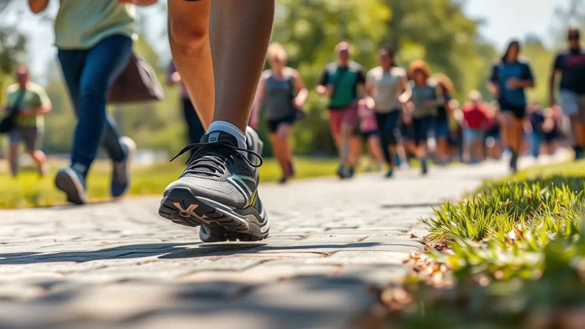 Generic image of running shoes on a path, with blurred people walking in the background, suggesting a solidarity march.