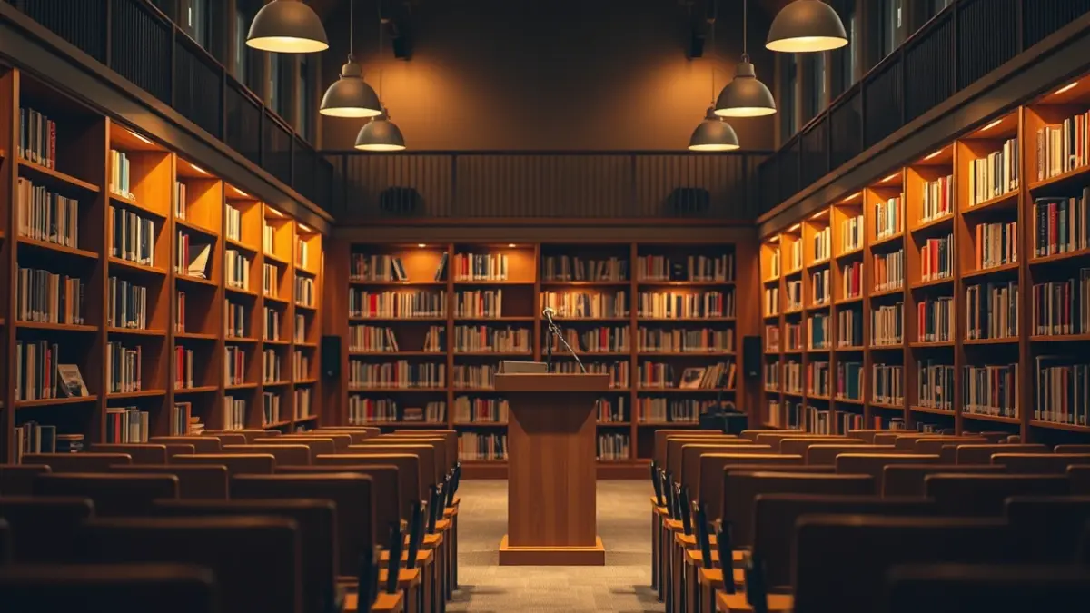 Generic image of a library with wooden bookshelves and a podium with a microphone, with warm lighting.
