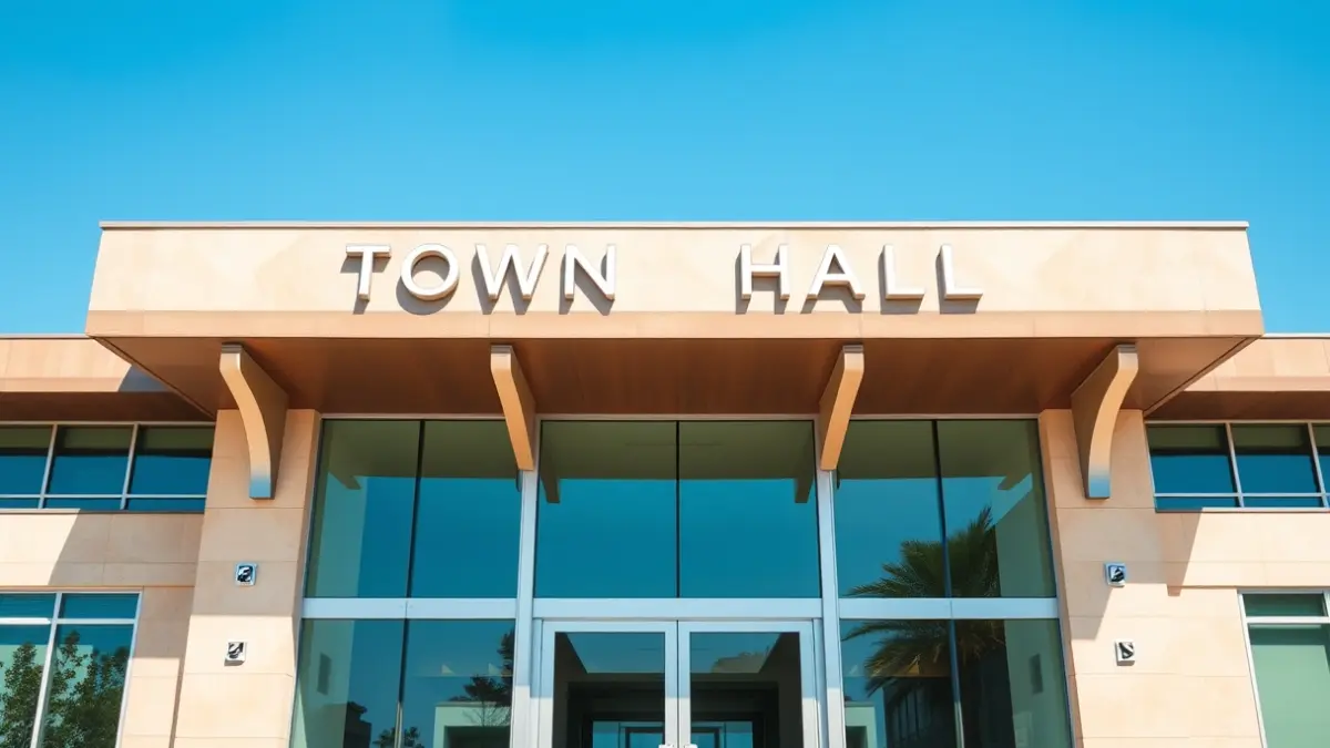 Modern town hall facade with large glass windows.