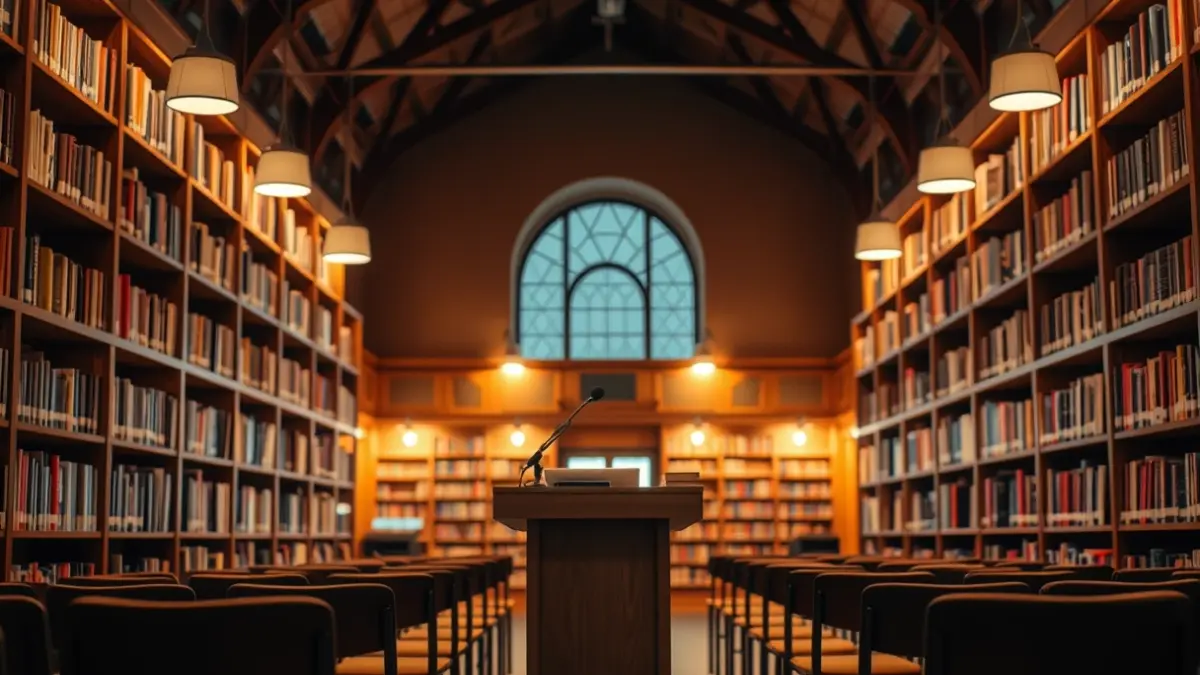 Imatge genèrica d'una biblioteca amb prestatgeries de fusta i un faristol amb micròfon, amb una il·luminació càlida.