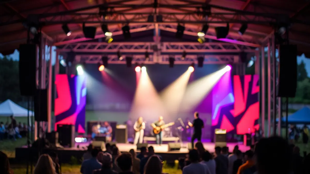 Image of a vibrant stage in a rural setting, with abstract lighting and a blurred audience, suggesting a contemporary performing arts festival.