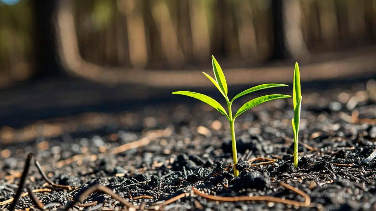 Imatge genèrica d'un brot verd emergint de terra cremada, simbolitzant la recuperació després d'un incendi.