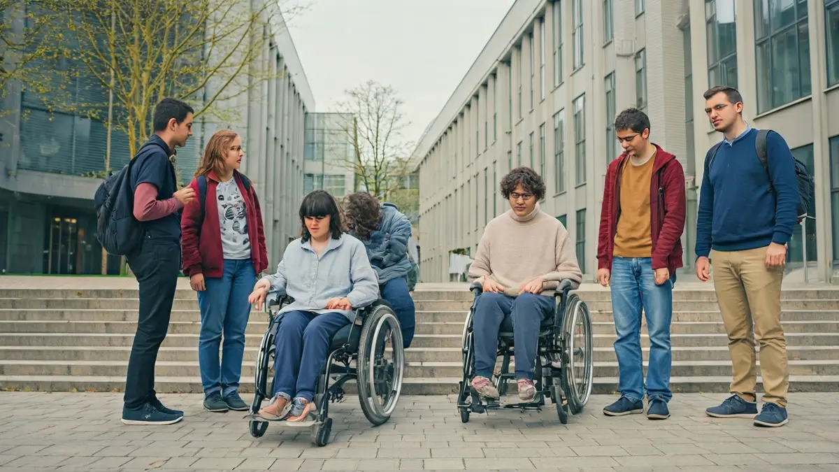 Imatge genèrica de joves amb diverses capacitats en un entorn universitari, simbolitzant inclusió i aprenentatge.