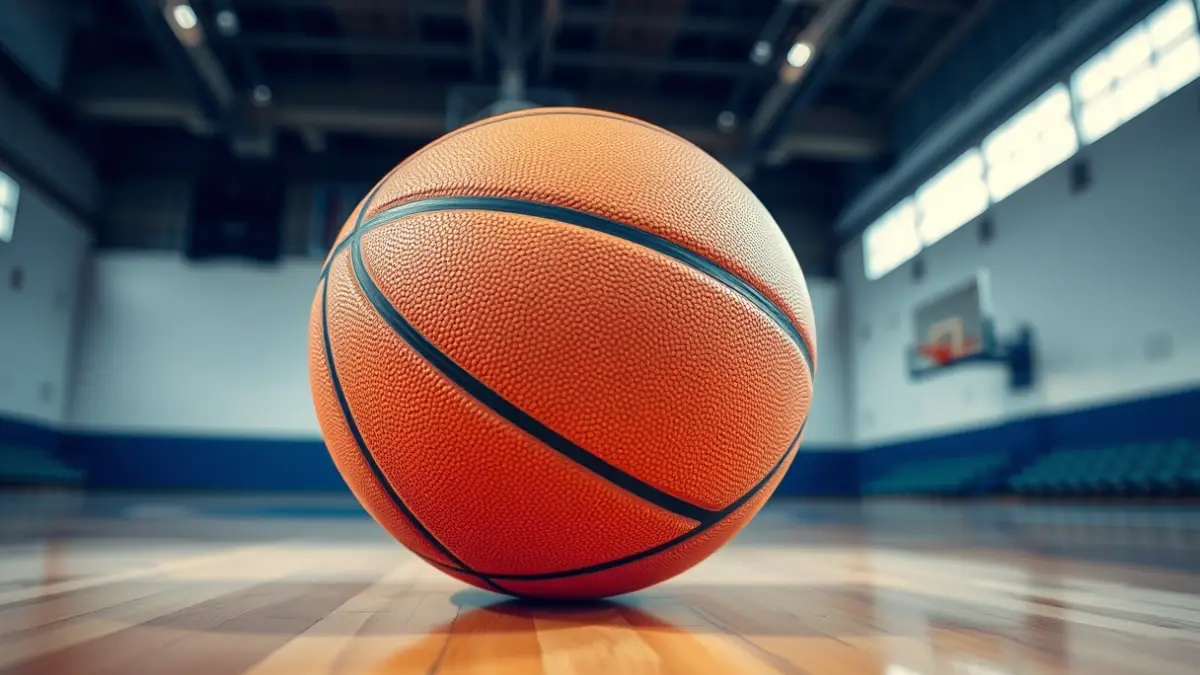 Imatge genèrica d'una pilota de bàsquet en una pista, amb el cércol desenfocat al fons.