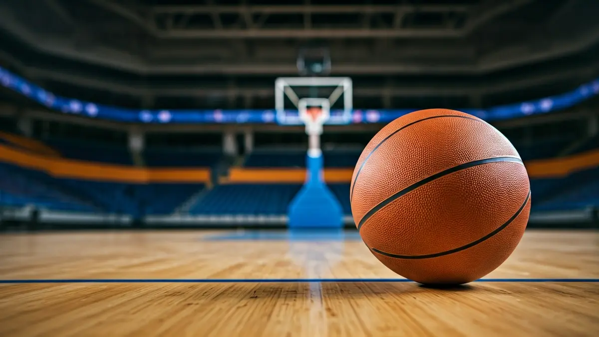 Generic image of a basketball on a wooden court.