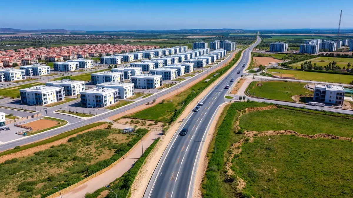 Imagen aérea de un desarrollo urbanístico con edificios residenciales y una carretera en construcción, en un paisaje mediterráneo.