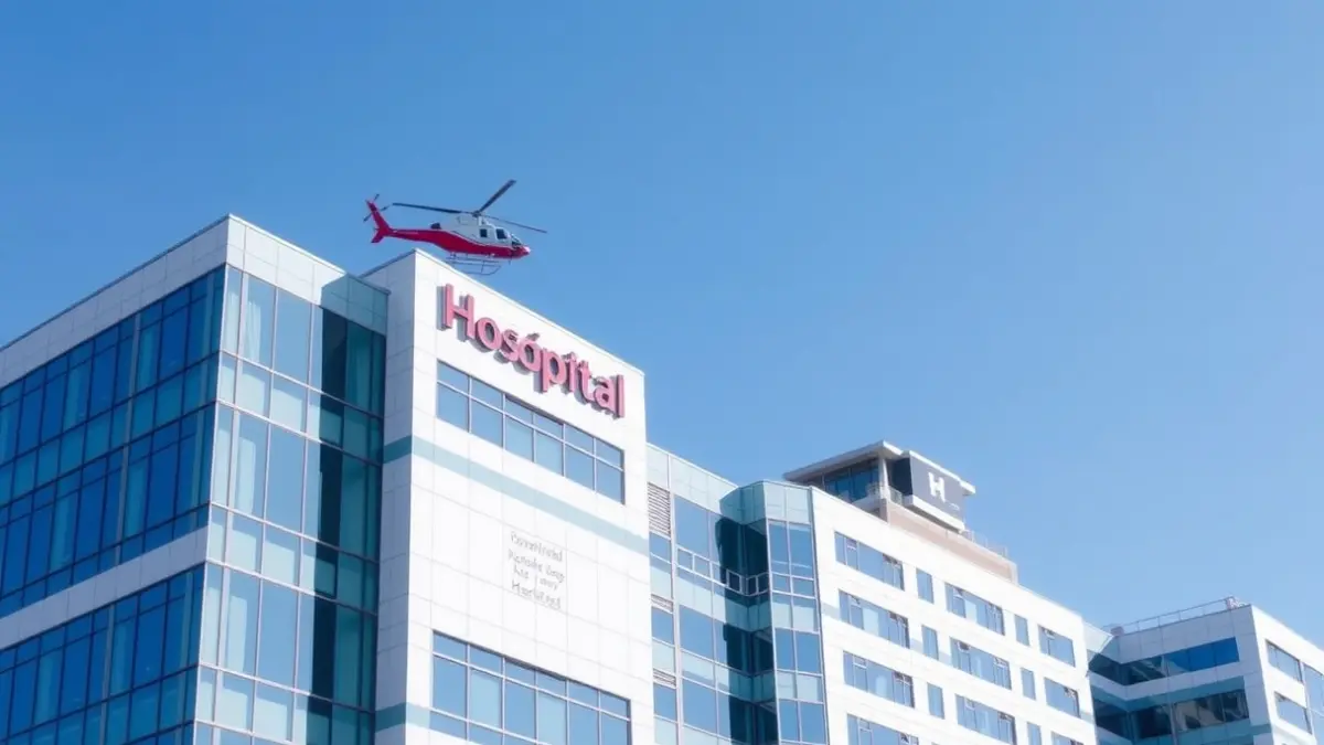 Imagen de la fachada de un hospital moderno con elementos de nueva construcción y un helipuerto en el techo.