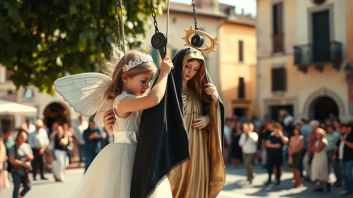 Imatge d'una xiqueta vestida d'àngel en la plaça Major d'Alfarrasí, durant la celebració de l'Angelet de la Corda.