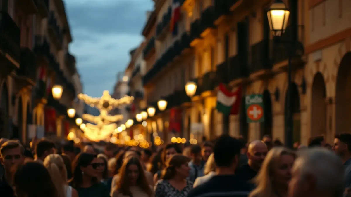 Imagen genérica de una procesión festiva en una calle valenciana, con multitud borrosa y luces cálidas.