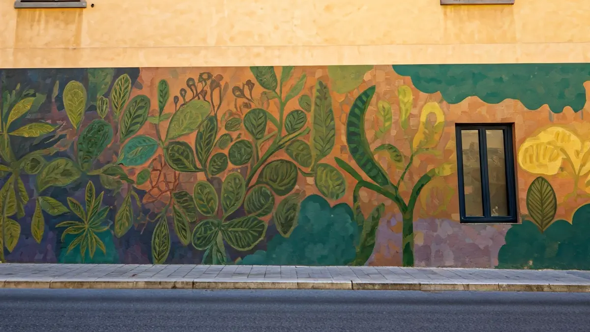 Image of an artistic mural with warm colors and green tones in a garden.