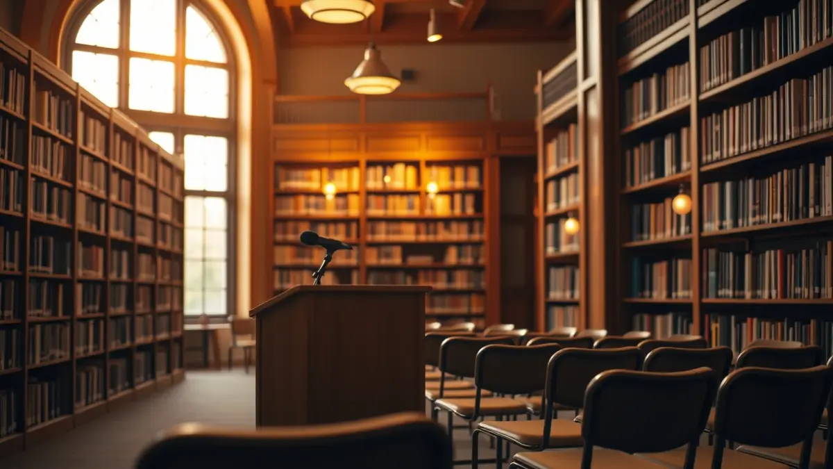 Imatge genèrica d'un interior de biblioteca amb prestatgeries de fusta i un faristol amb micròfon.