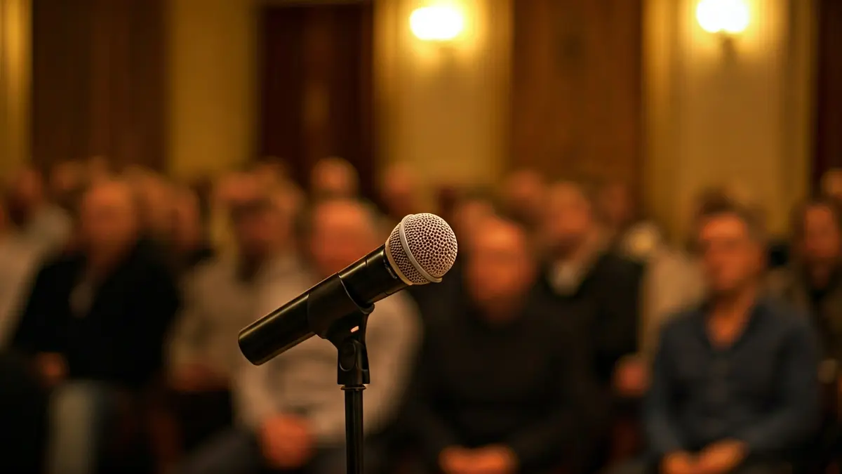 Imatge genèrica d'un micròfon en un podi, amb un públic difuminat al fons, suggerint una lectura de poesia.