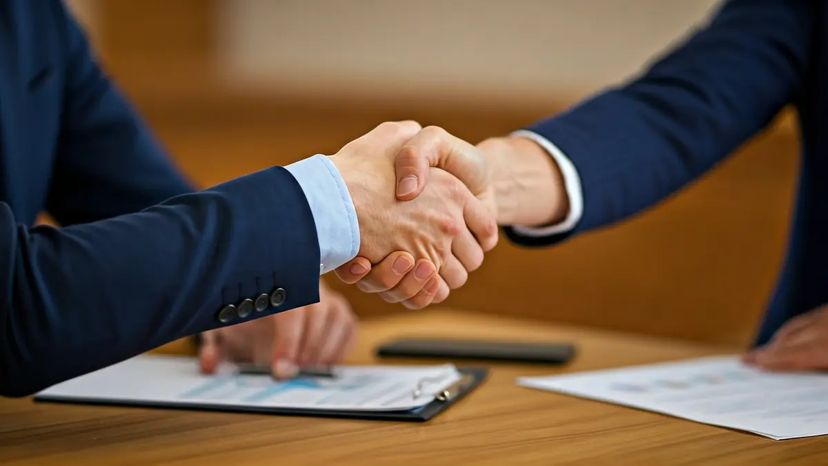 Imatge genèrica de dues mans encaixant sobre un escriptori amb documents borrosos, simbolitzant col·laboració empresarial.