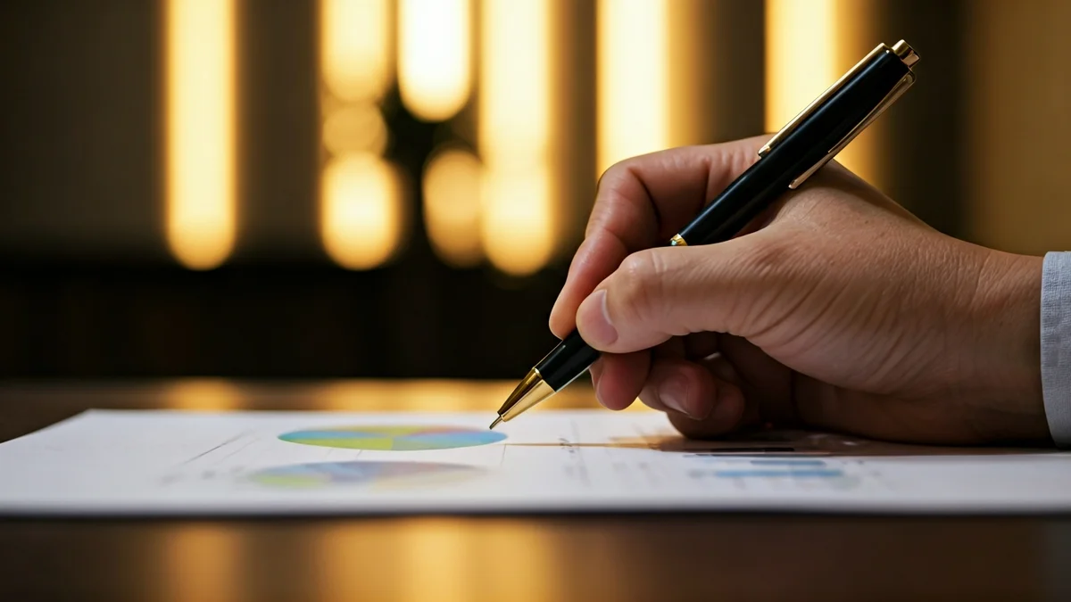 Imatge genèrica d'una mà amb un bolígraf sobre documents amb gràfics, simbolitzant l'anàlisi econòmica.