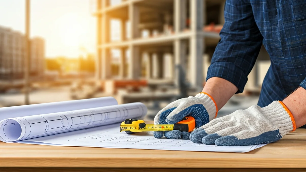 Imatge genèrica de mans d'un treballador de la construcció amb una cinta mètrica sobre un plànol.