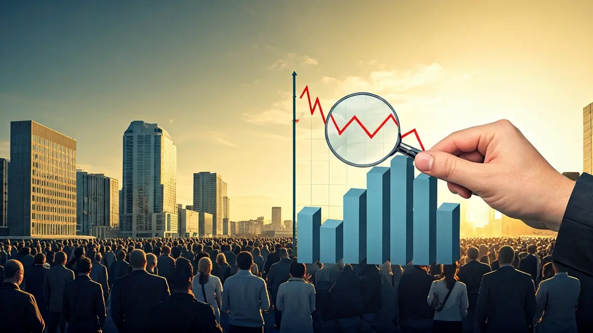 Imatge genèrica d'una mà amb una lupa sobre un gràfic de barres amb tendència a la baixa, simbolitzant l'anàlisi econòmica i la millora.