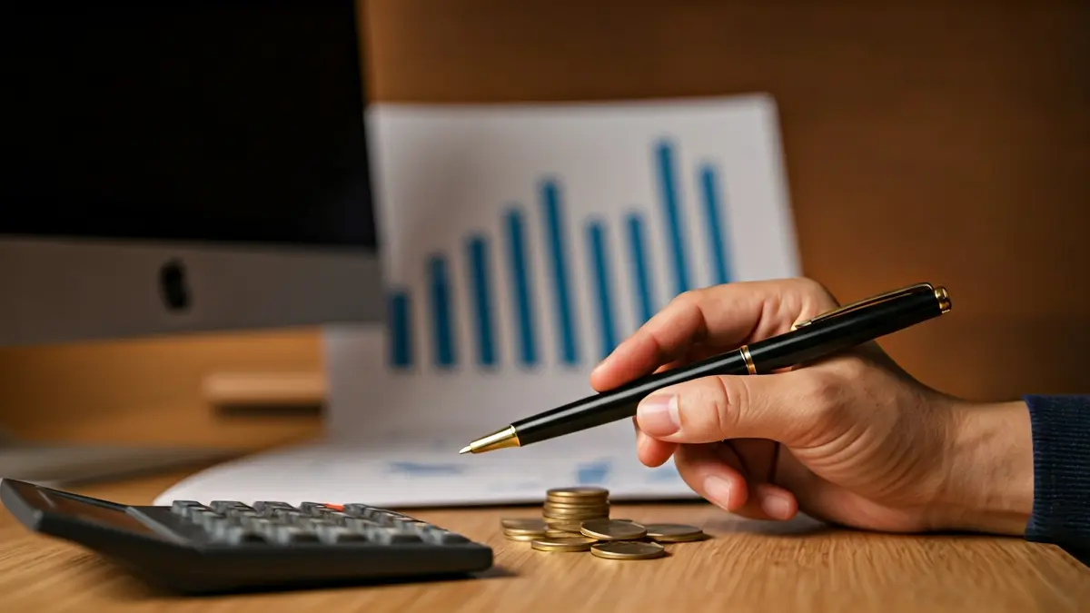 Imagen genérica de una mano señalando un gráfico de tendencia a la baja en una pantalla de ordenador, con una calculadora y monedas sobre un escritorio.