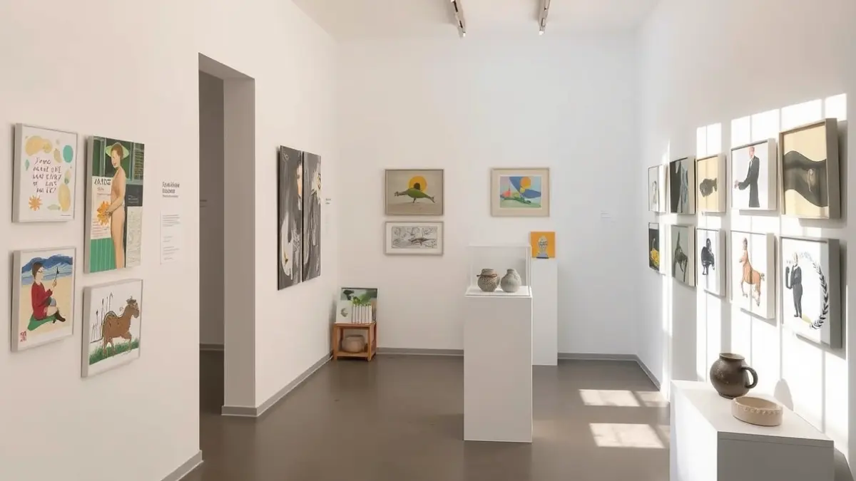 Imagen de una sala de exposiciones con obras de arte variadas, incluyendo collages, acuarelas y cerámica, iluminada con luz natural.