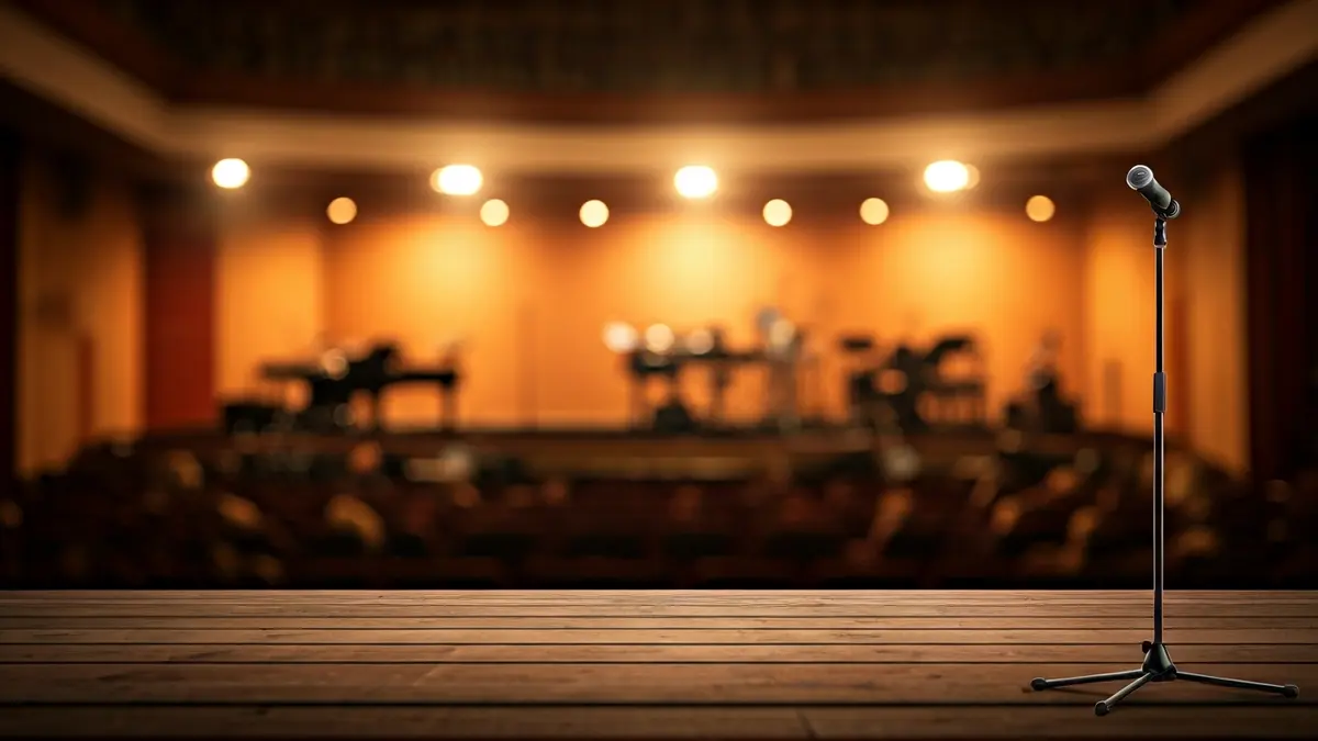 Imatge genèrica d'un escenari amb il·luminació teatral i instruments musicals.