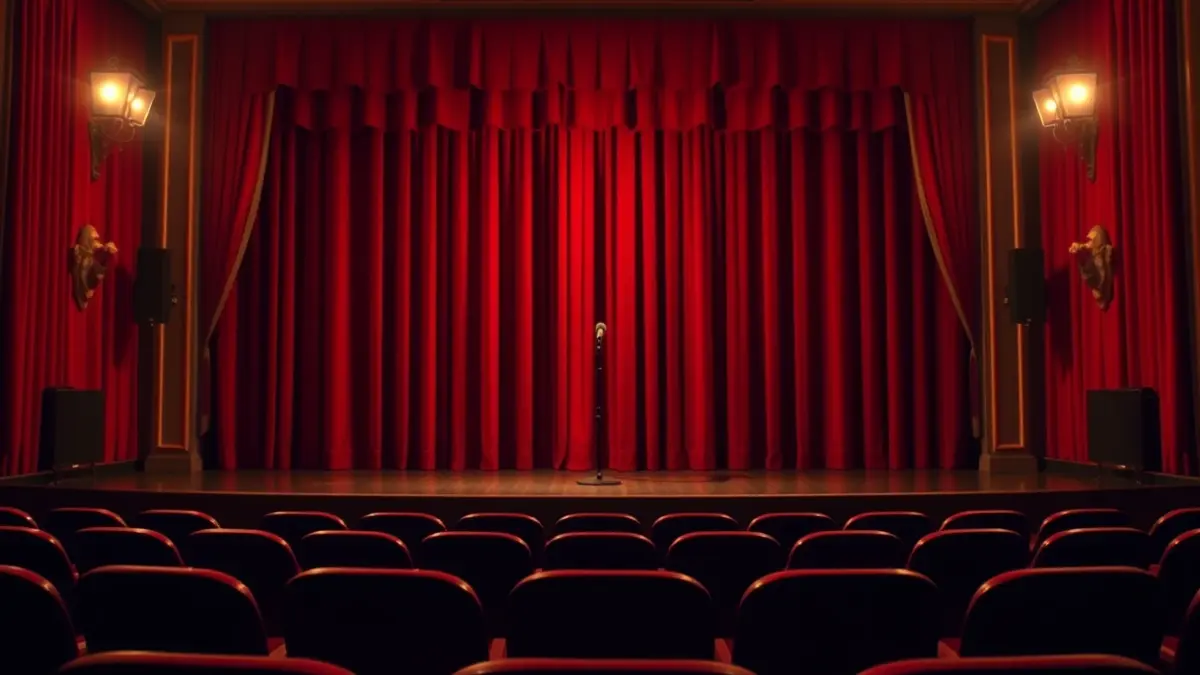 Imagen genérica de un escenario de teatro con un micrófono y cortinas rojas.