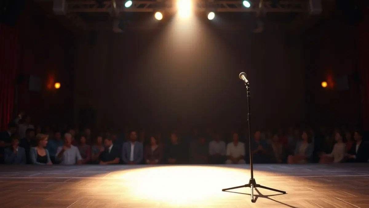 Generic image of an empty stage with a microphone and lights, suggesting a cultural event.