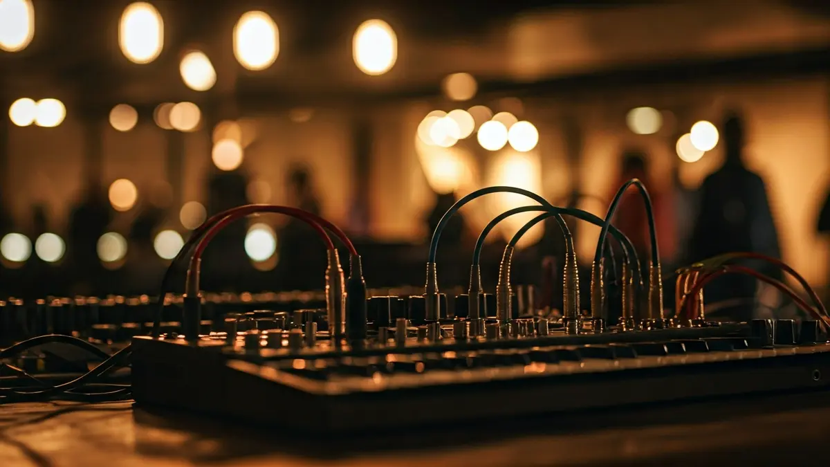 Imatge genèrica d'un sintetitzador modular, cables i llums borroses en un espai d'art contemporani.