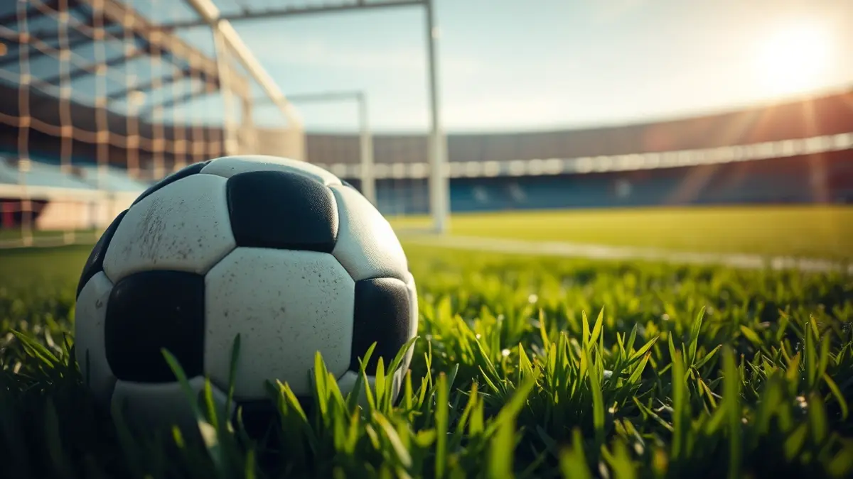 Generic image of a soccer ball on a grass field, with a goal net in the background.