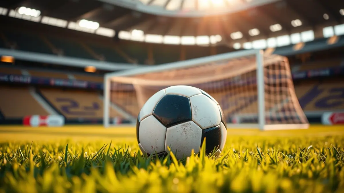 Imatge genèrica d'una pilota de futbol sobre la gespa d'un camp, amb la porteria desenfocada al fons.