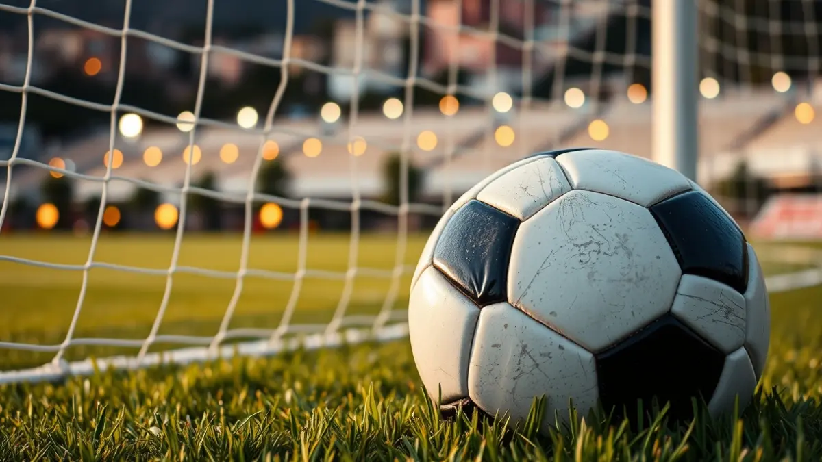 Imagen genérica de un balón de fútbol sobre el césped de un campo, con la portería desenfocada al fondo.
