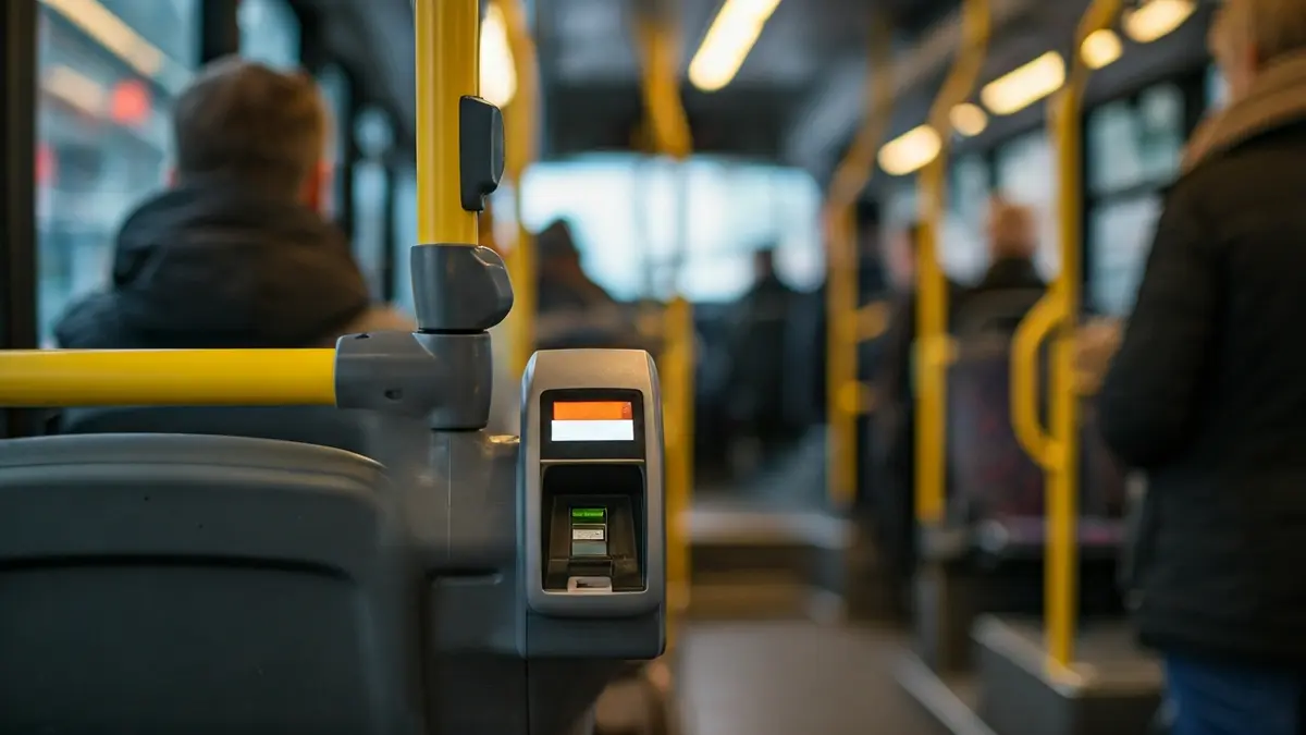 Imatge genèrica de l'interior d'un autobús amb una mà validant un títol de transport.