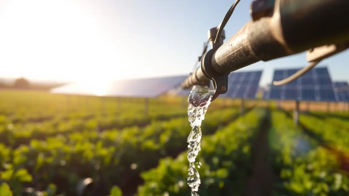 Imatge genèrica d'un camp de regadiu amb plaques solars al fons, simbolitzant la transició energètica en l'agricultura.