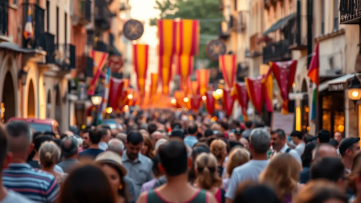 Imagen de un desfile festivo con multitudes y banderas de colores en una ciudad valenciana.