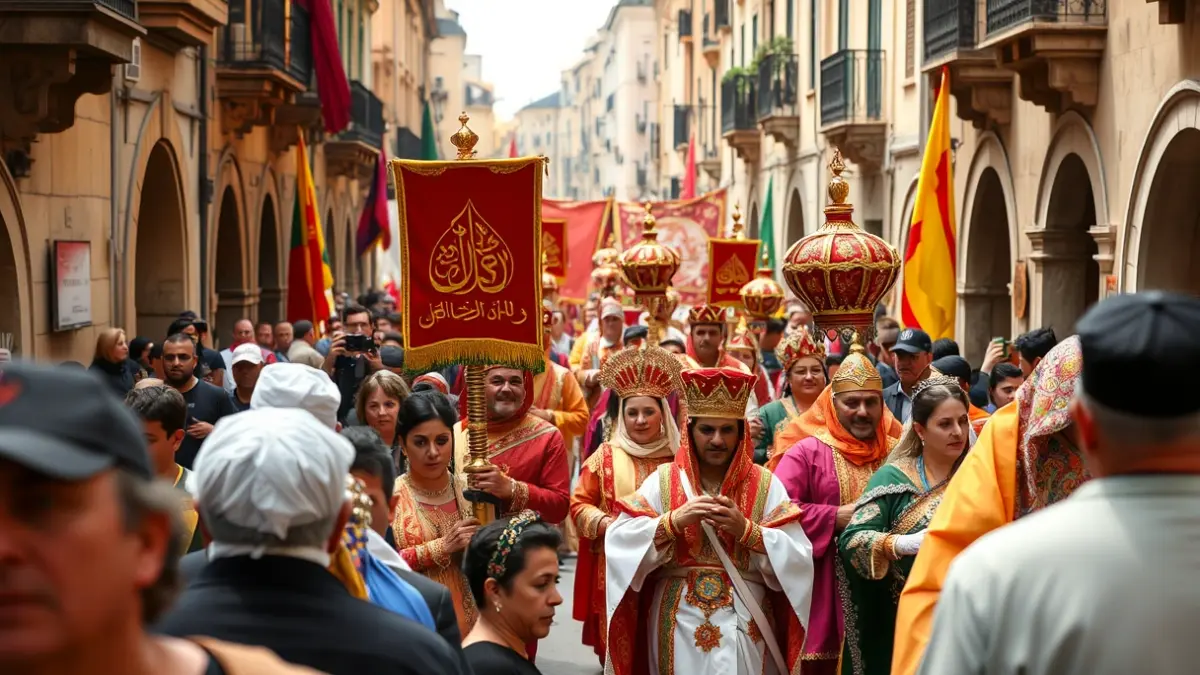 Image of the Moorish parade at the Moors and Christians Festival in Alcoy, with elaborate costumes and a festive atmosphere.