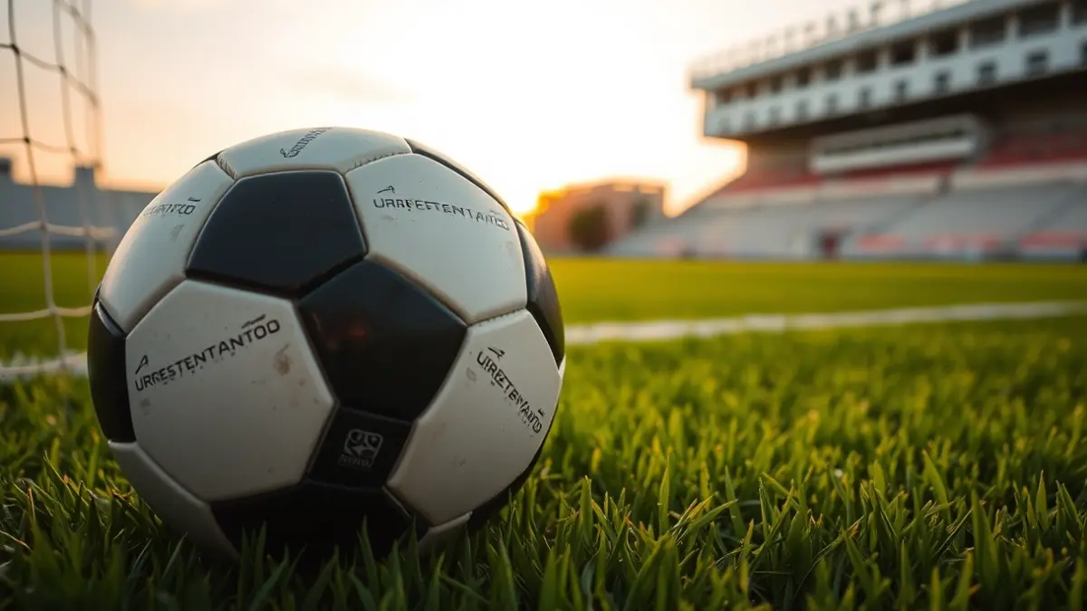 Generic image of a soccer ball on stadium grass, with a blurred goal net in the background.