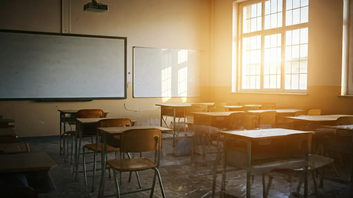 Image of an empty classroom with desks and chairs, with a window showing a sunny sky, suggesting a lack of air conditioning.