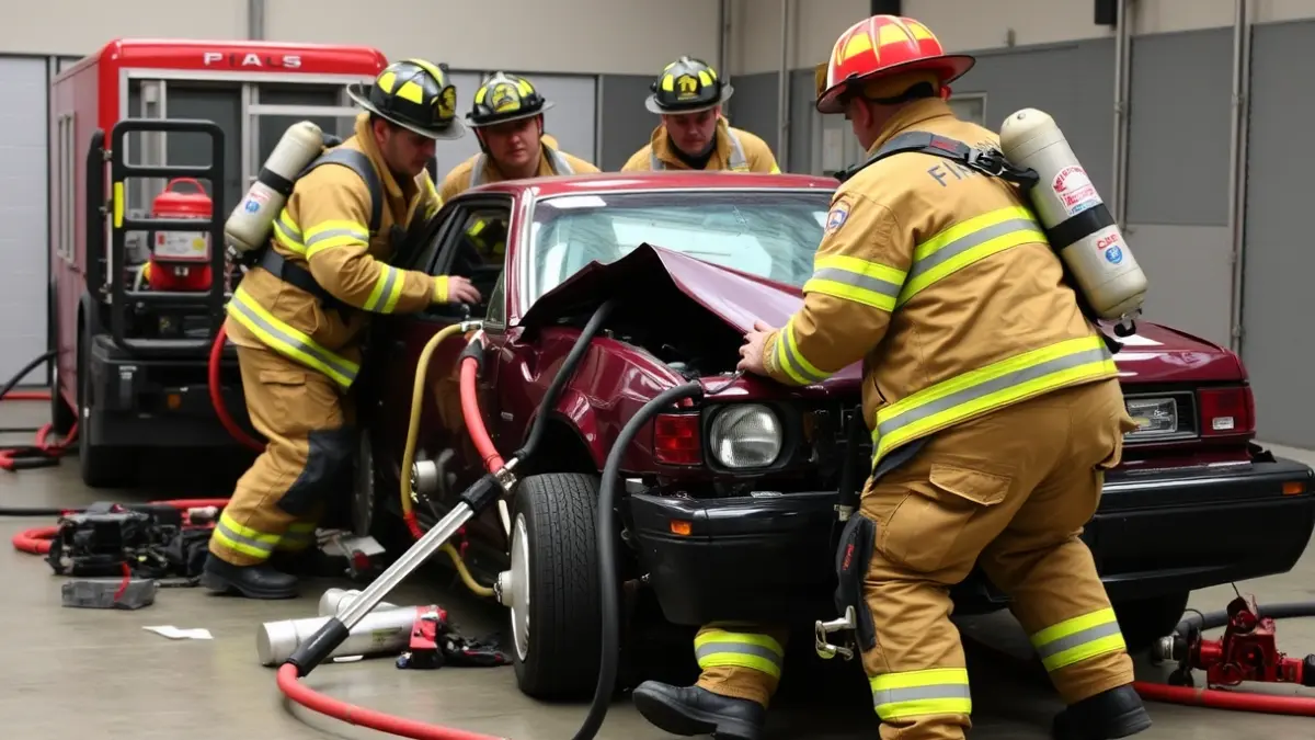Imatge genèrica de bombers realitzant maniobres de rescat en un accident de trànsit simulat.