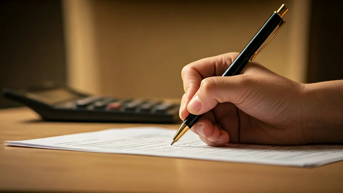 Generic image of a hand filling out a tax return, with a calculator in the background.
