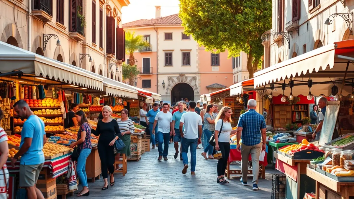 Imagen genérica de una feria de comercio local en una plaza, con puestos y gente comprando.