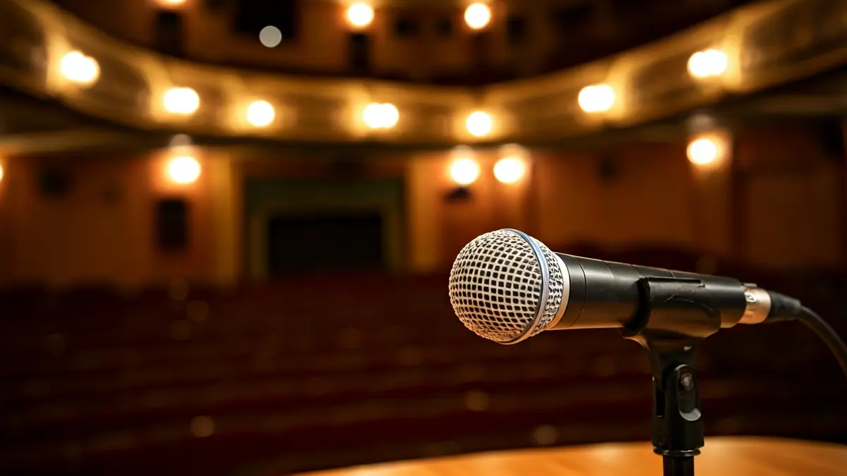 Imagen genérica de un micrófono en un podio en un teatro, con asientos vacíos desenfocados.