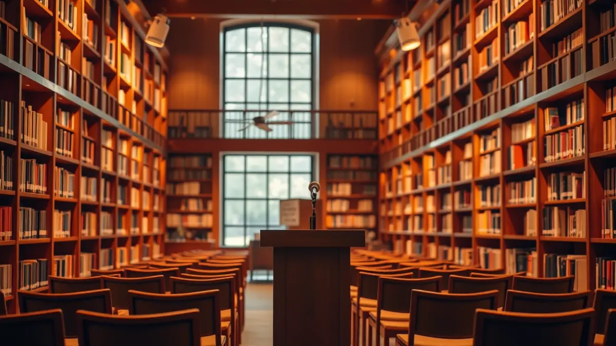Generic image of a library with wooden bookshelves and a podium, with a warm reading atmosphere.